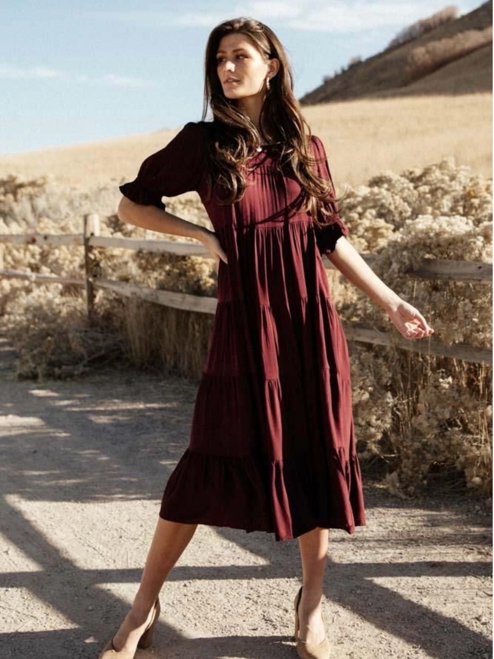 Boheme Burgundy Tiered Midi Dress - Elegant Puff Sleeve - Small